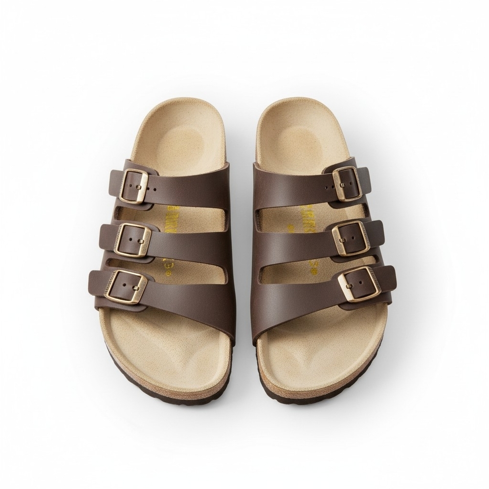 Birkenstock Brown Leather 3 Strap Sandals Comfort Footbed Buckle Slides - Picture 1 of 4